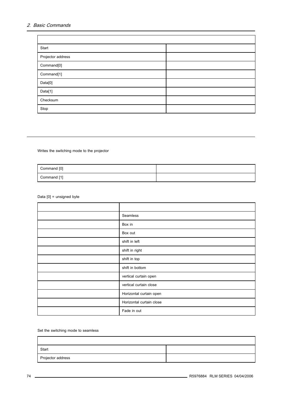 35 switching mode, write, Switching mode, write, Basic commands | Barco RS232 User Manual | Page 76 / 171