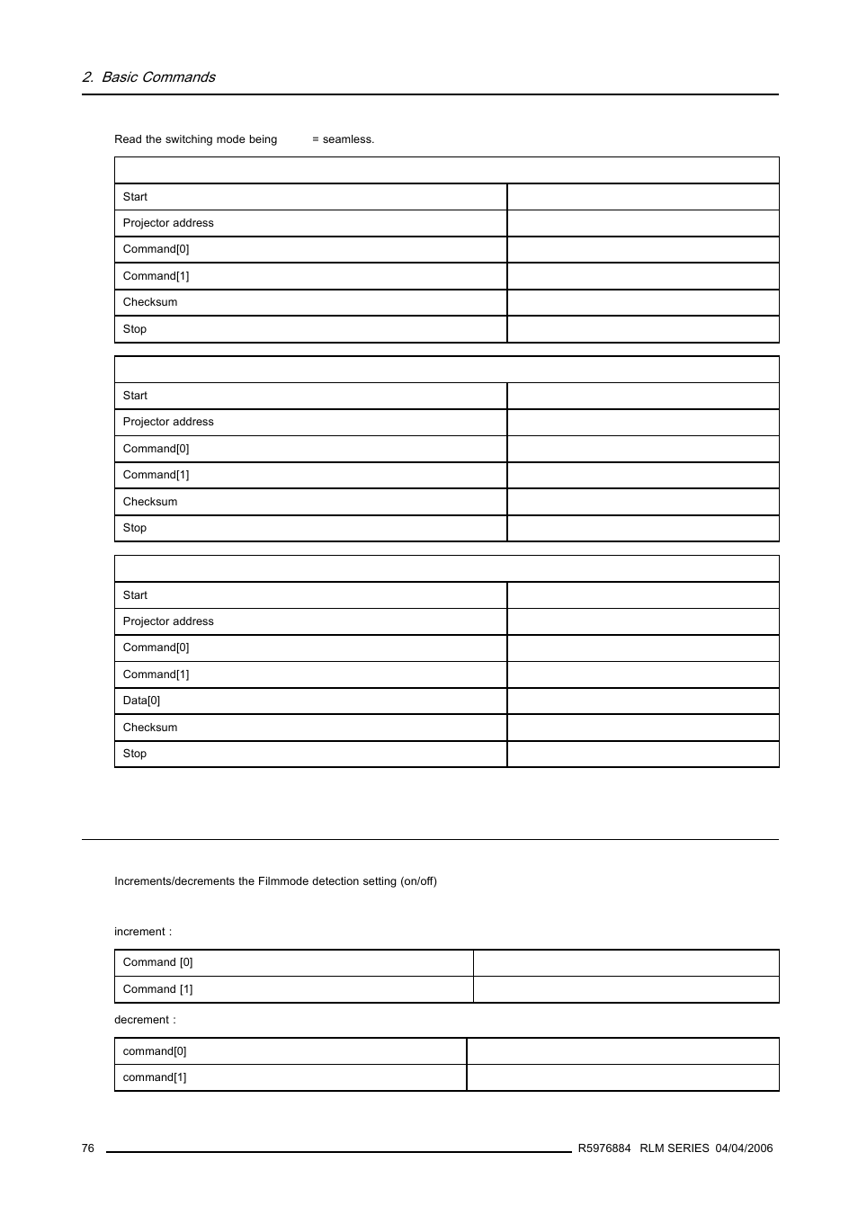 37 filmmode detection, increment/decrement, Filmmode detection, increment/decrement, Basic commands | Barco RS232 User Manual | Page 78 / 171