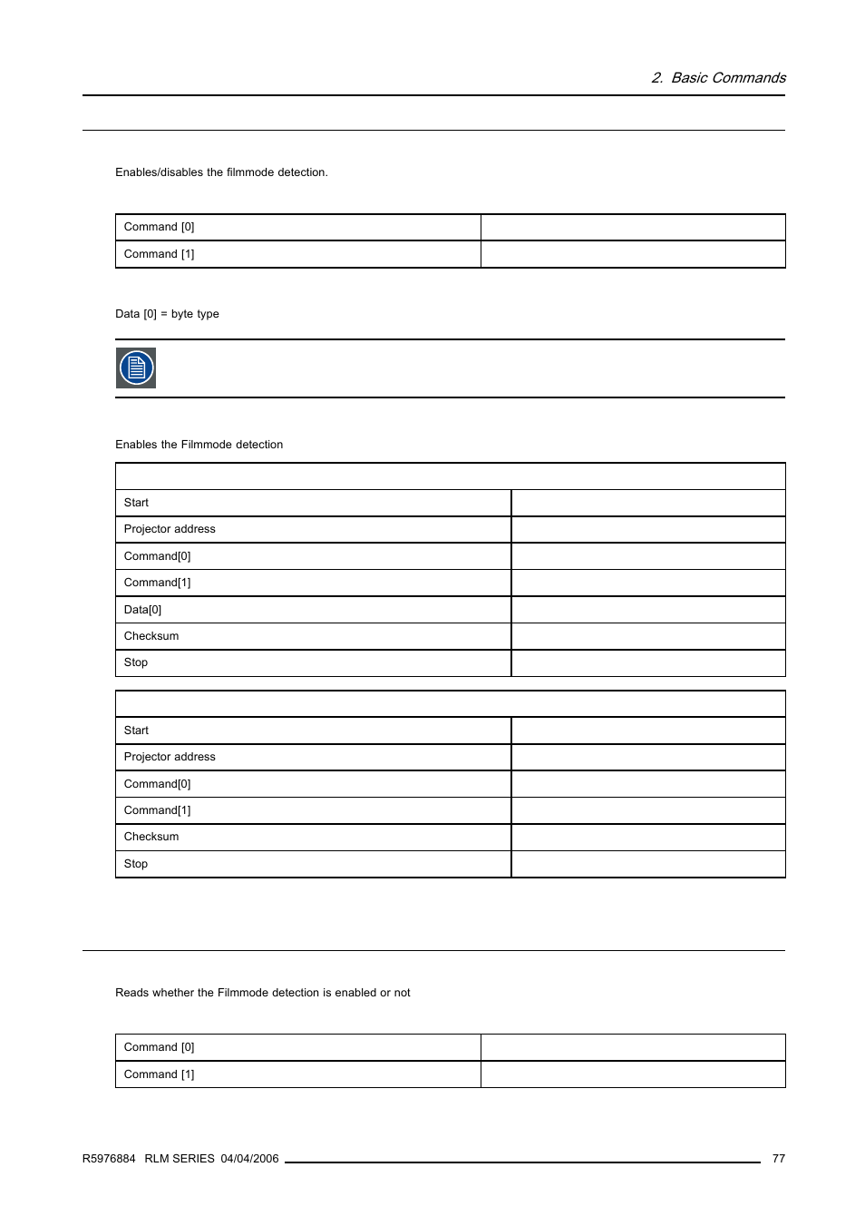 38 filmmode detection, write, 39 filmmode detection, read, 77 2.39 filmmode detection, read | Filmmode detection, write, Filmmode detection, read | Barco RS232 User Manual | Page 79 / 171