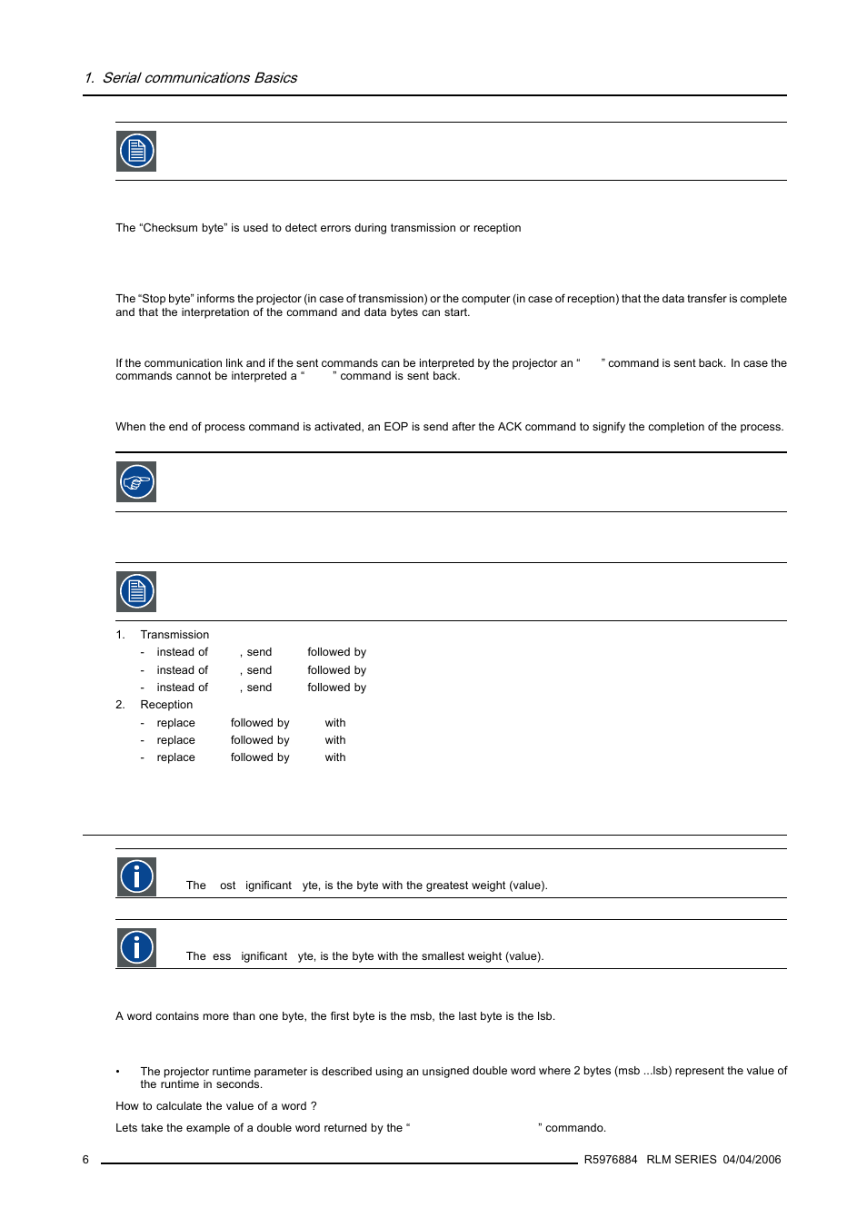 2 data words, Data words, Serial communications basics | Barco RS232 User Manual | Page 8 / 171