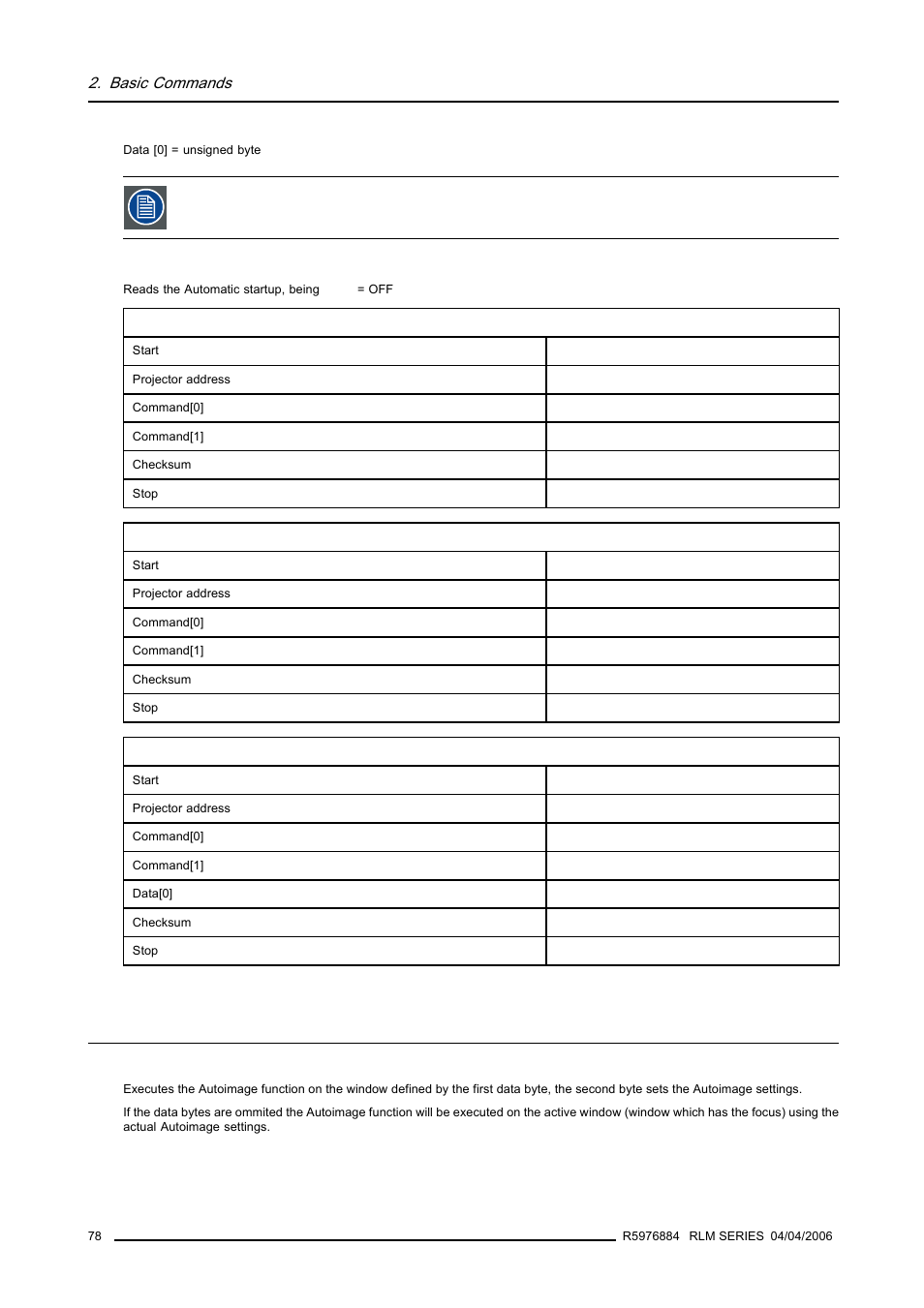 40 autoimage execute, Autoimage execute, Basic commands | Barco RS232 User Manual | Page 80 / 171