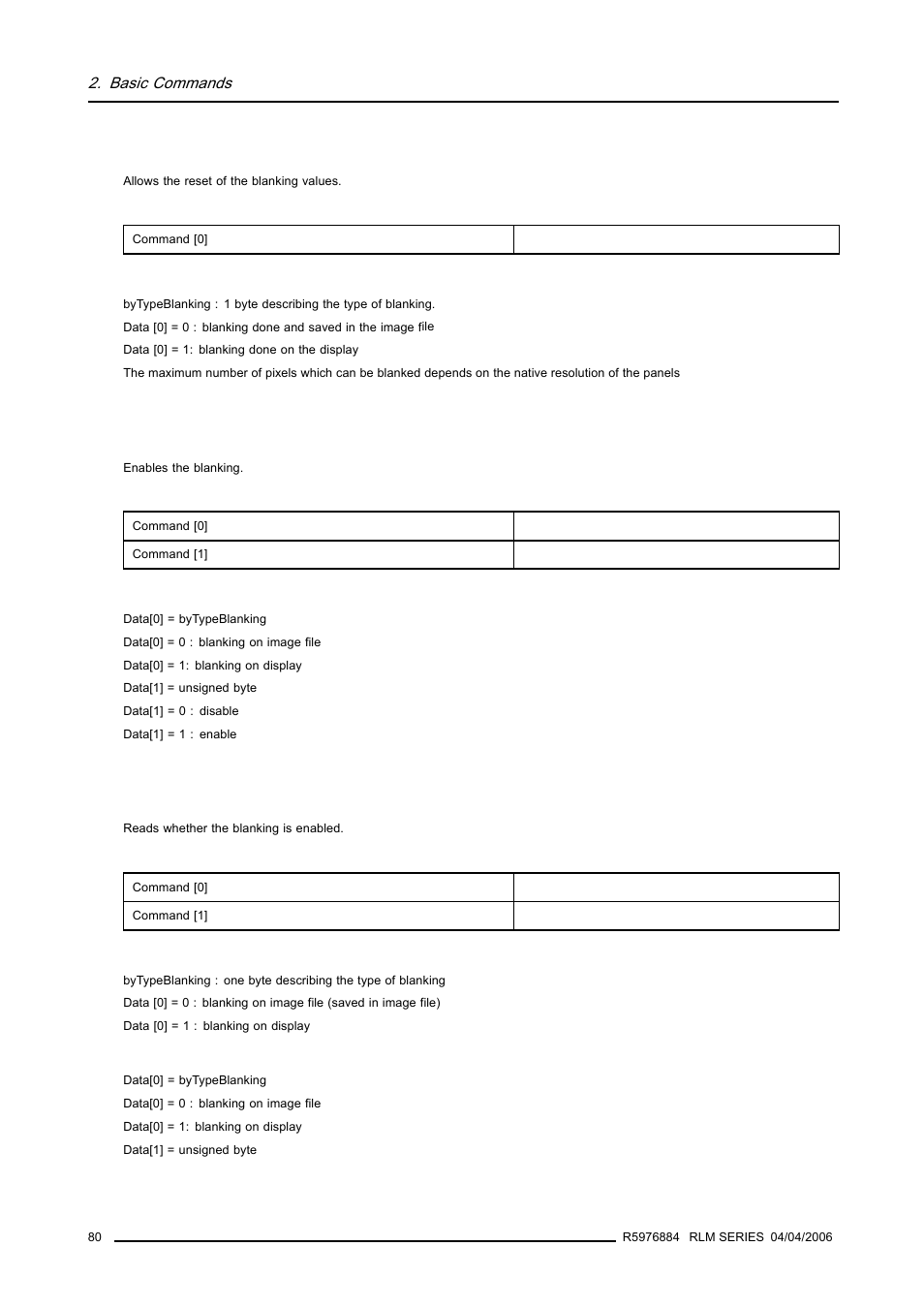 1 blanking reset, 2 blanking enable, write, 3 blanking enable, read | 80 2.41.2 blanking enable, write, 80 2.41.3 blanking enable, read, Blanking reset, Blanking enable, write, Blanking enable, read | Barco RS232 User Manual | Page 82 / 171