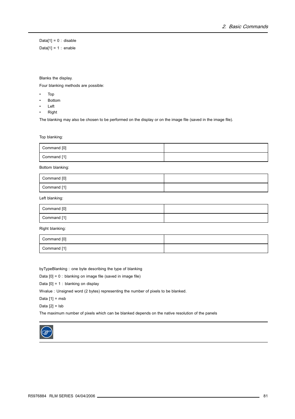 4 blanking, write, Blanking, write, Basic commands | Barco RS232 User Manual | Page 83 / 171