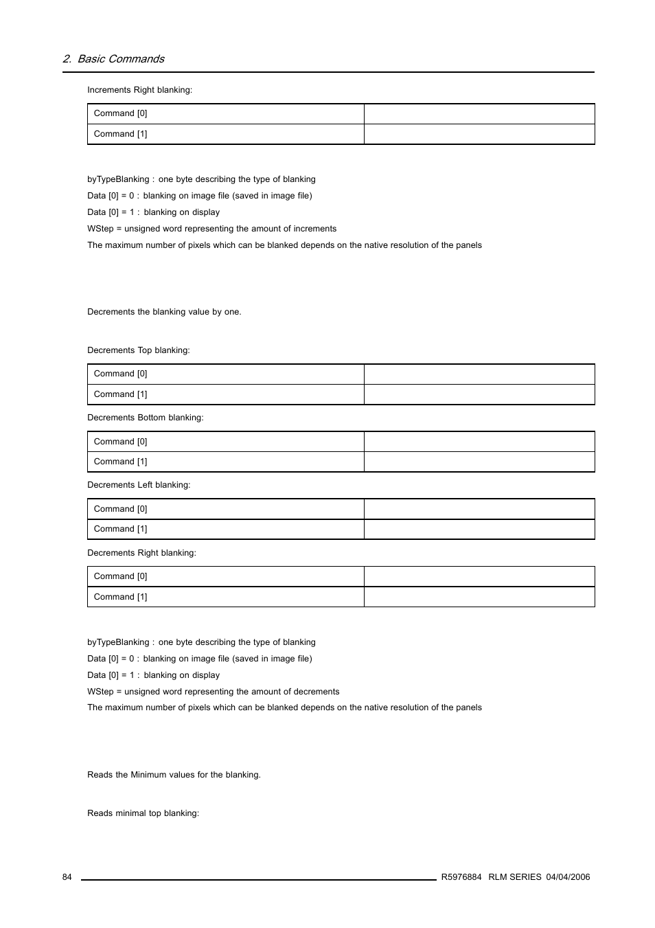 7 blanking, decrement, 8 minimum blanking, read, 84 2.41.8 minimum blanking, read | Blanking, decrement, Minimum blanking, read | Barco RS232 User Manual | Page 86 / 171