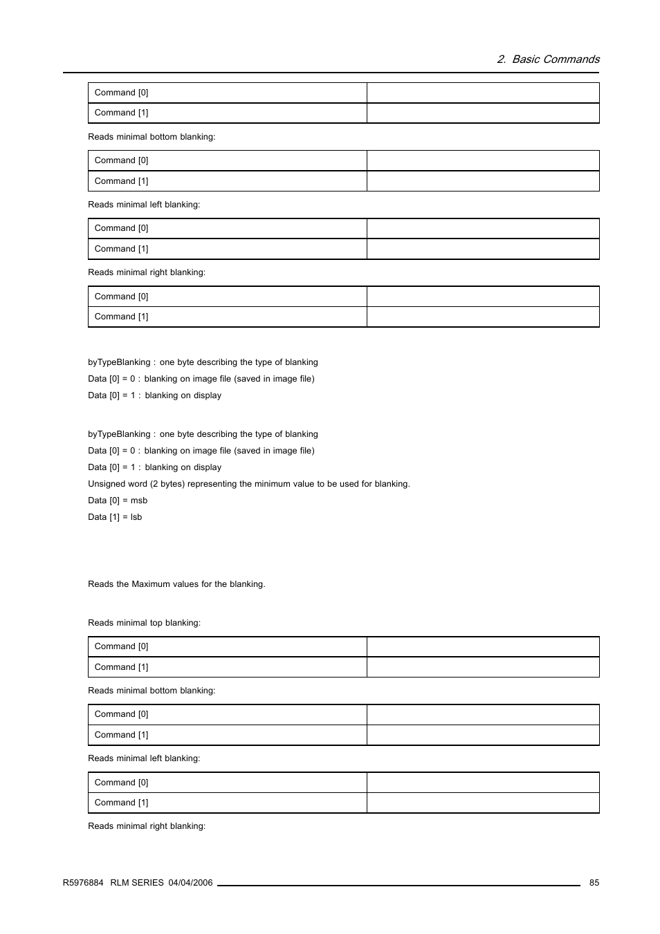 9 maximum blanking, read, Maximum blanking, read, Basic commands | Barco RS232 User Manual | Page 87 / 171