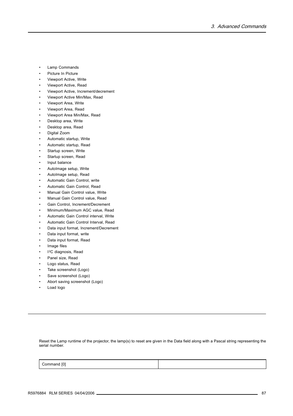Advanced commands, 1 lamp commands, 1 reset lamp runtime, write | Lamp commands, Reset lamp runtime, write | Barco RS232 User Manual | Page 89 / 171