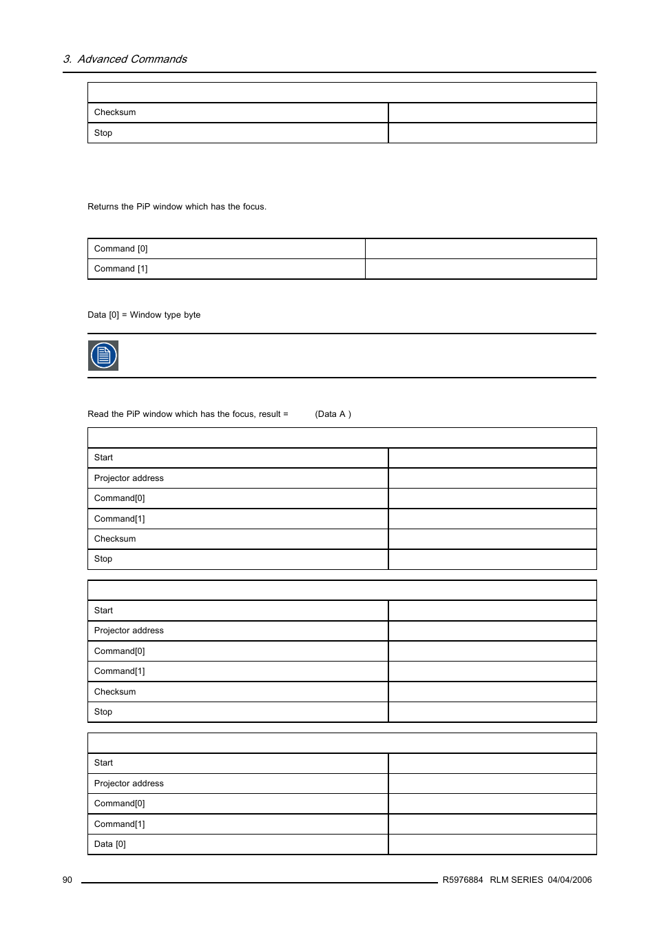 2 pip focus, read, Pip focus, read, Advanced commands | Barco RS232 User Manual | Page 92 / 171
