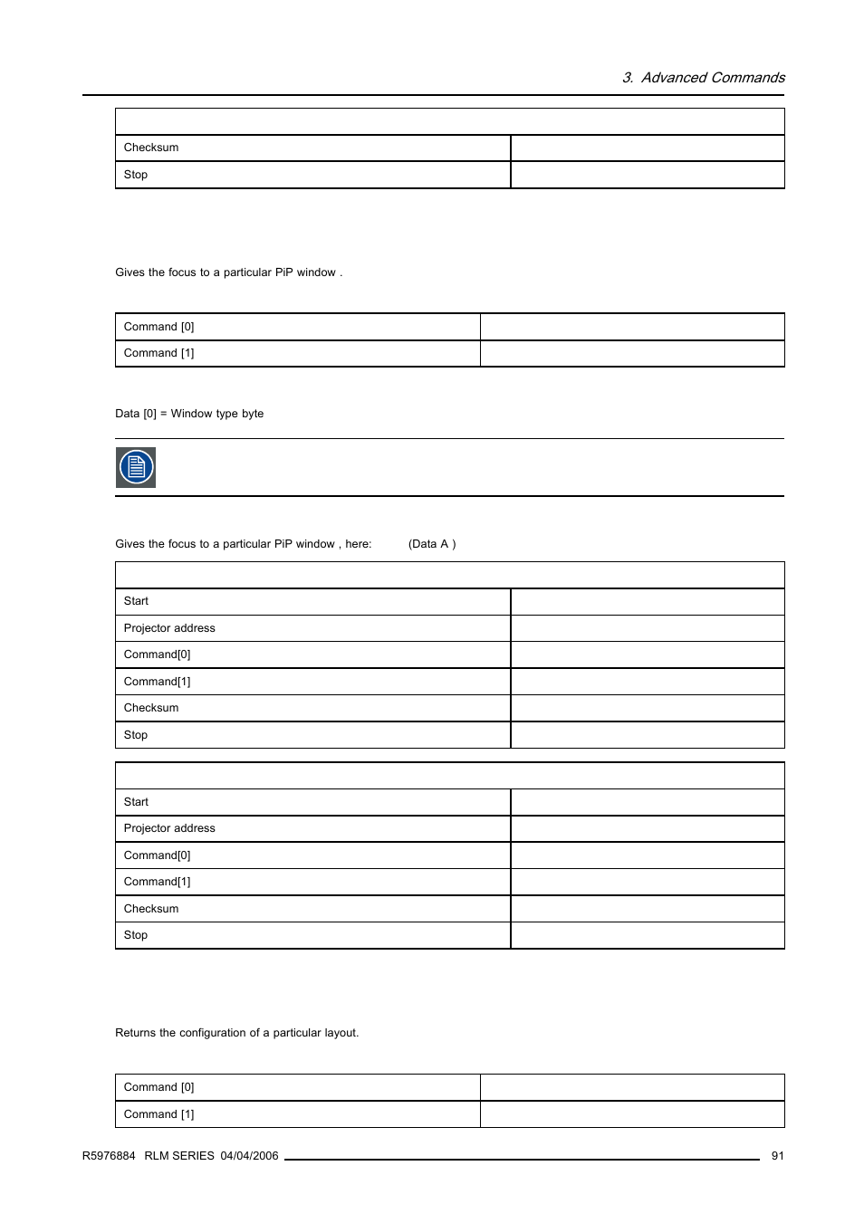 3 pip focus, write, 4 pip layout , read, Pip focus, write | Pip layout , read | Barco RS232 User Manual | Page 93 / 171