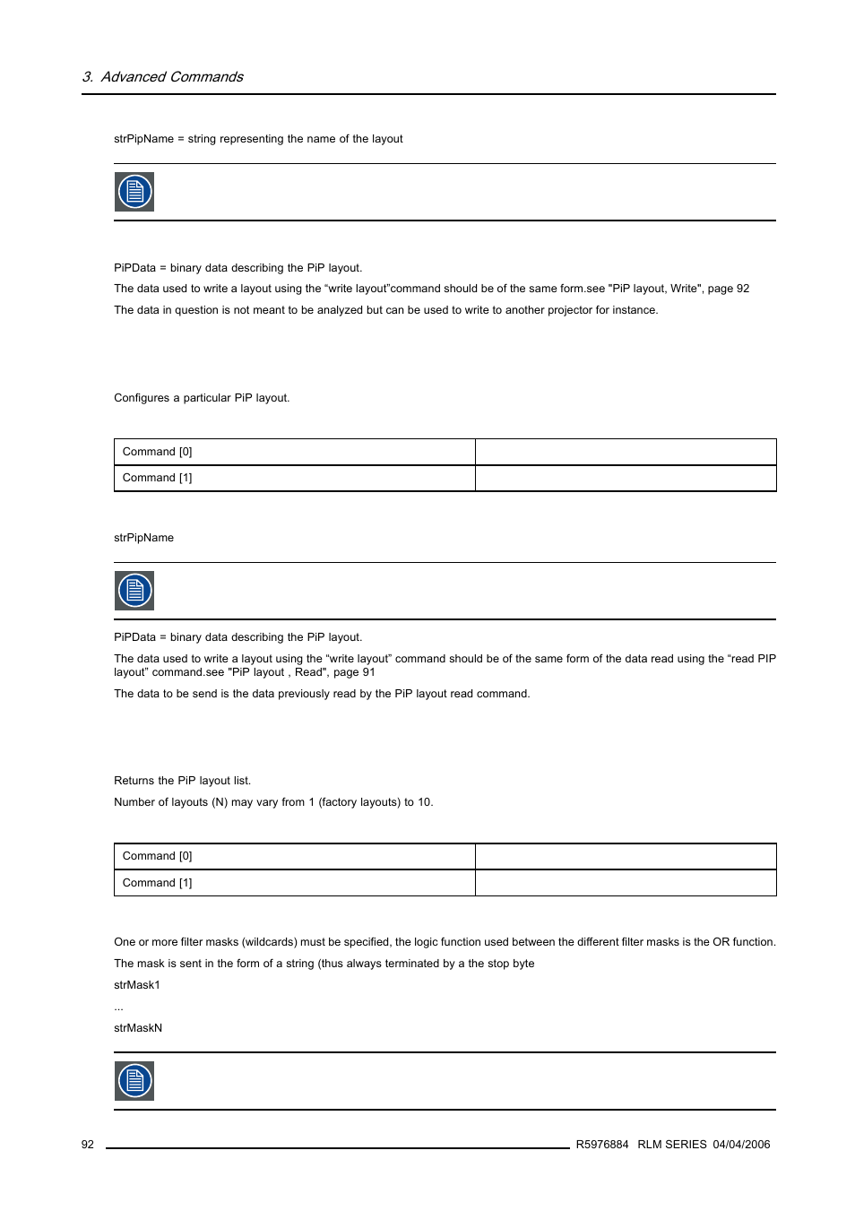 5 pip layout, write, 6 pip layout list, read, Pip layout, write | Pip layout list, read | Barco RS232 User Manual | Page 94 / 171