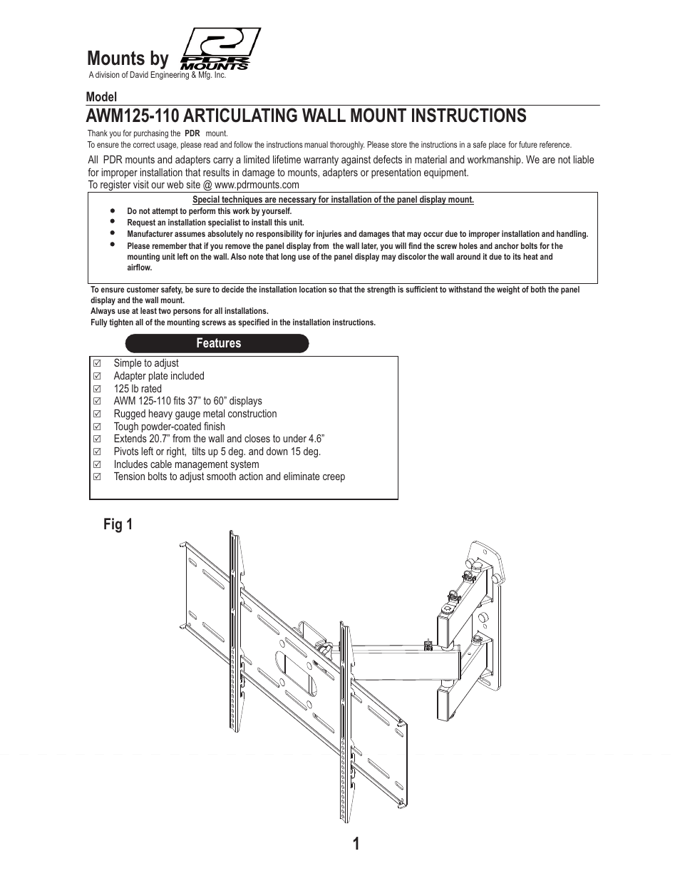 PDR Mounts awm125 with pdm110thn User Manual | 6 pages