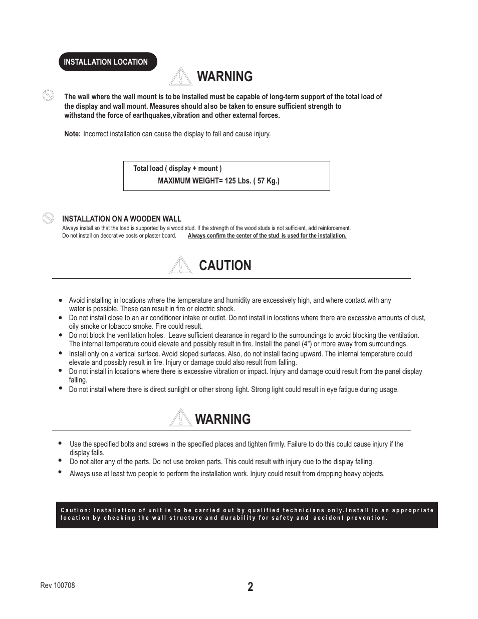 Caution warning warning | PDR Mounts awm125 with pdm110thn User Manual | Page 2 / 6