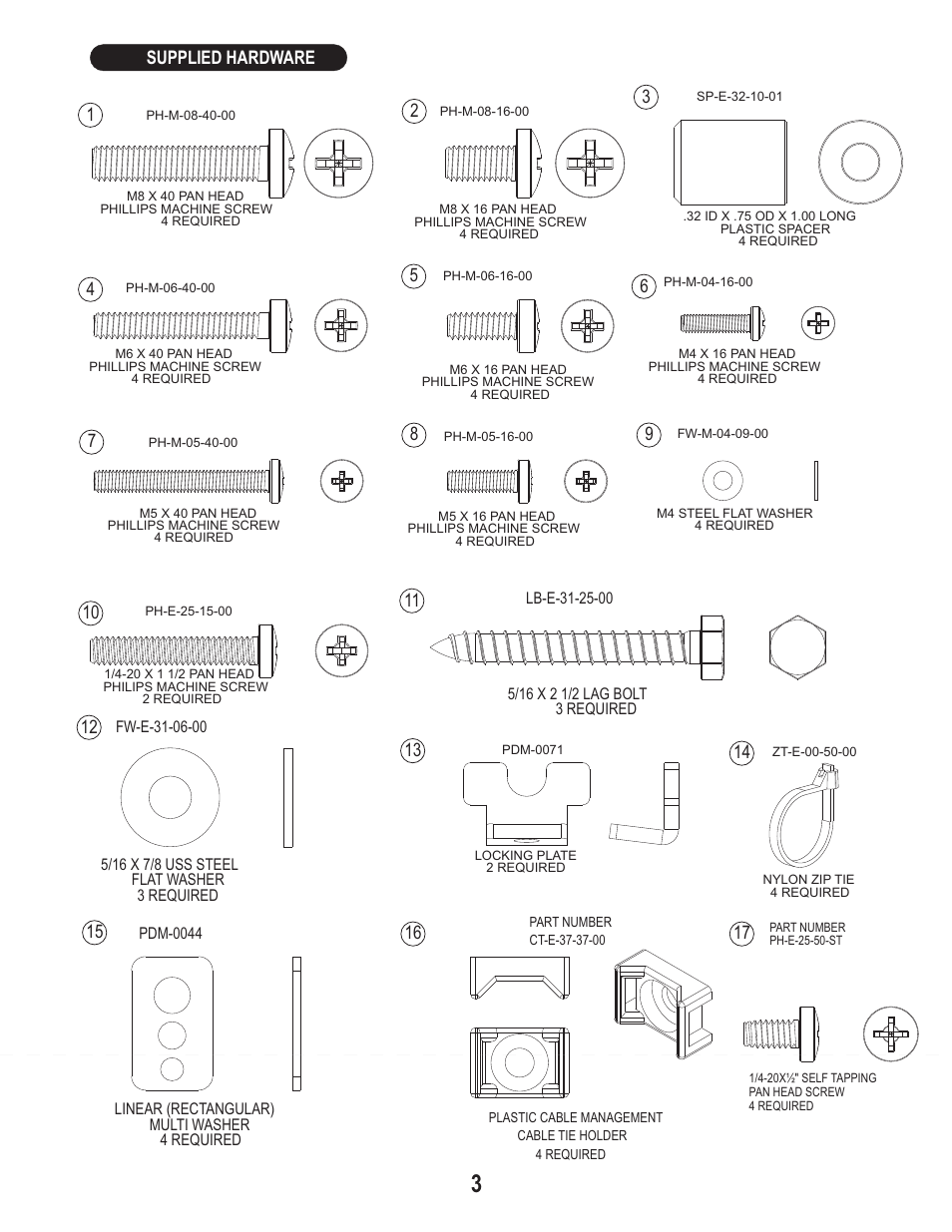 Supplied hardware | PDR Mounts awm125 with pdm110thn User Manual | Page 3 / 6