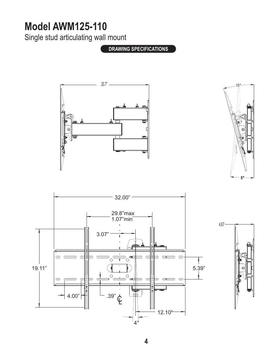 Single stud articulating wall mount | PDR Mounts awm125 with pdm110thn User Manual | Page 4 / 6