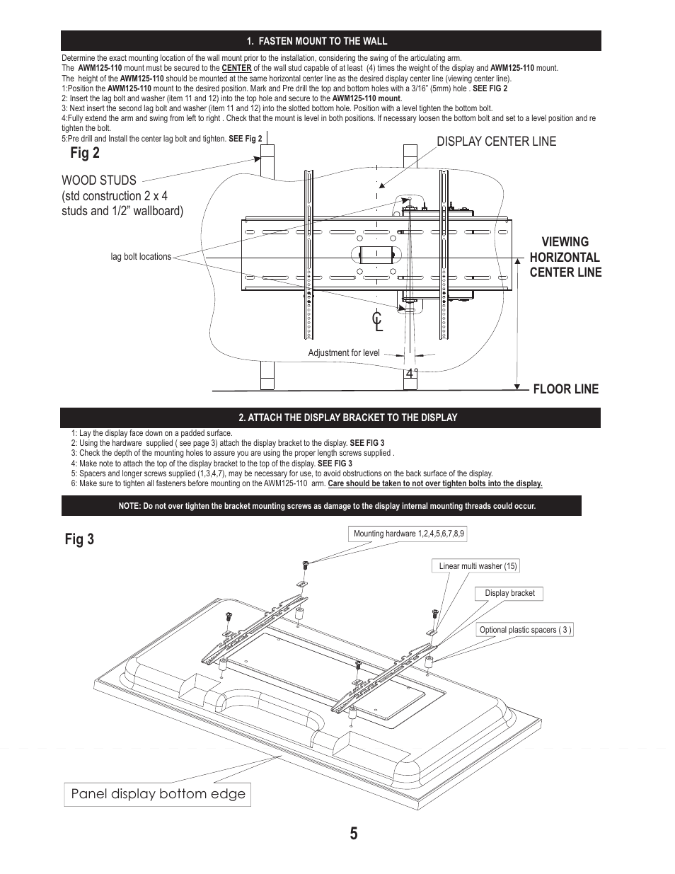 Fig 2 fig 3, Panel display bottom edge, Display center line 4 | PDR Mounts awm125 with pdm110thn User Manual | Page 5 / 6