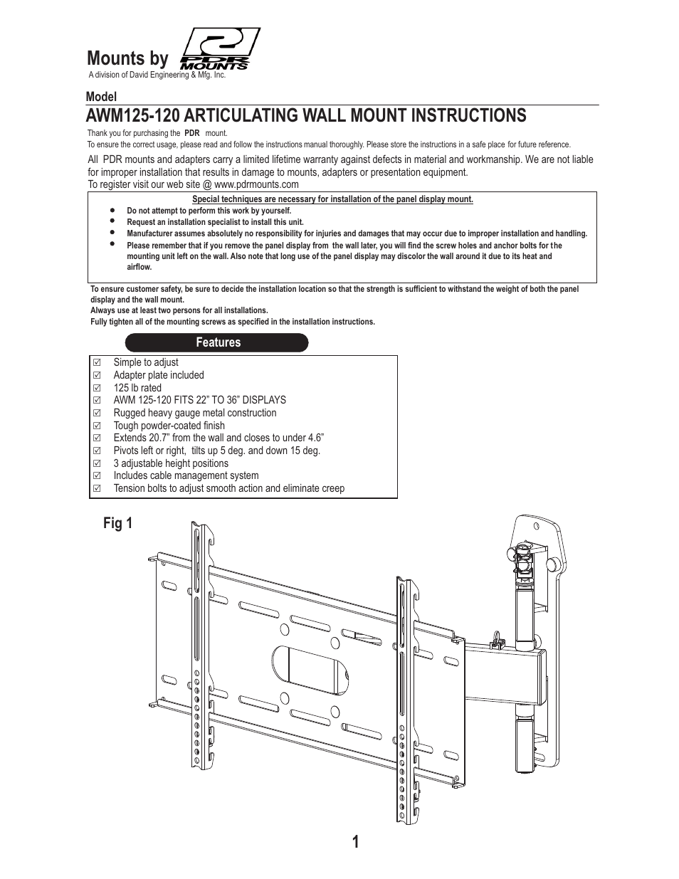 PDR Mounts awm125-120 User Manual | 6 pages