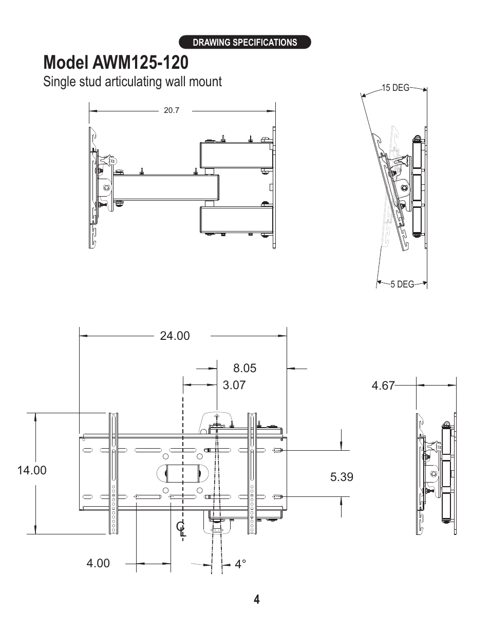 Single stud articulating wall mount | PDR Mounts awm125-120 User Manual | Page 4 / 6