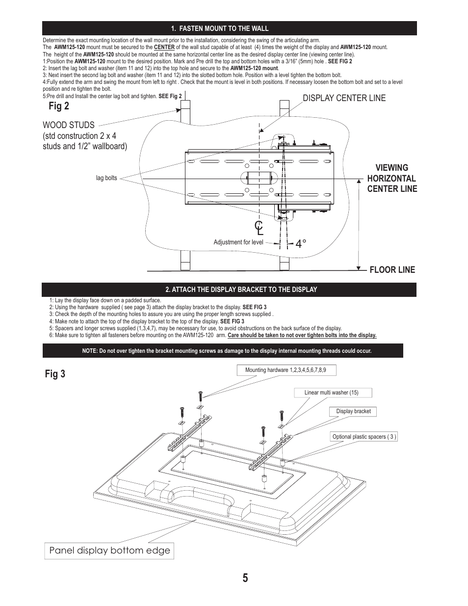 Fig 2 fig 3, Panel display bottom edge, Display center line | PDR Mounts awm125-120 User Manual | Page 5 / 6