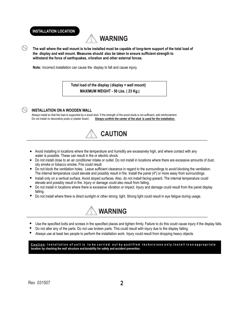 Caution warning warning | PDR Mounts swm050 User Manual | Page 2 / 4