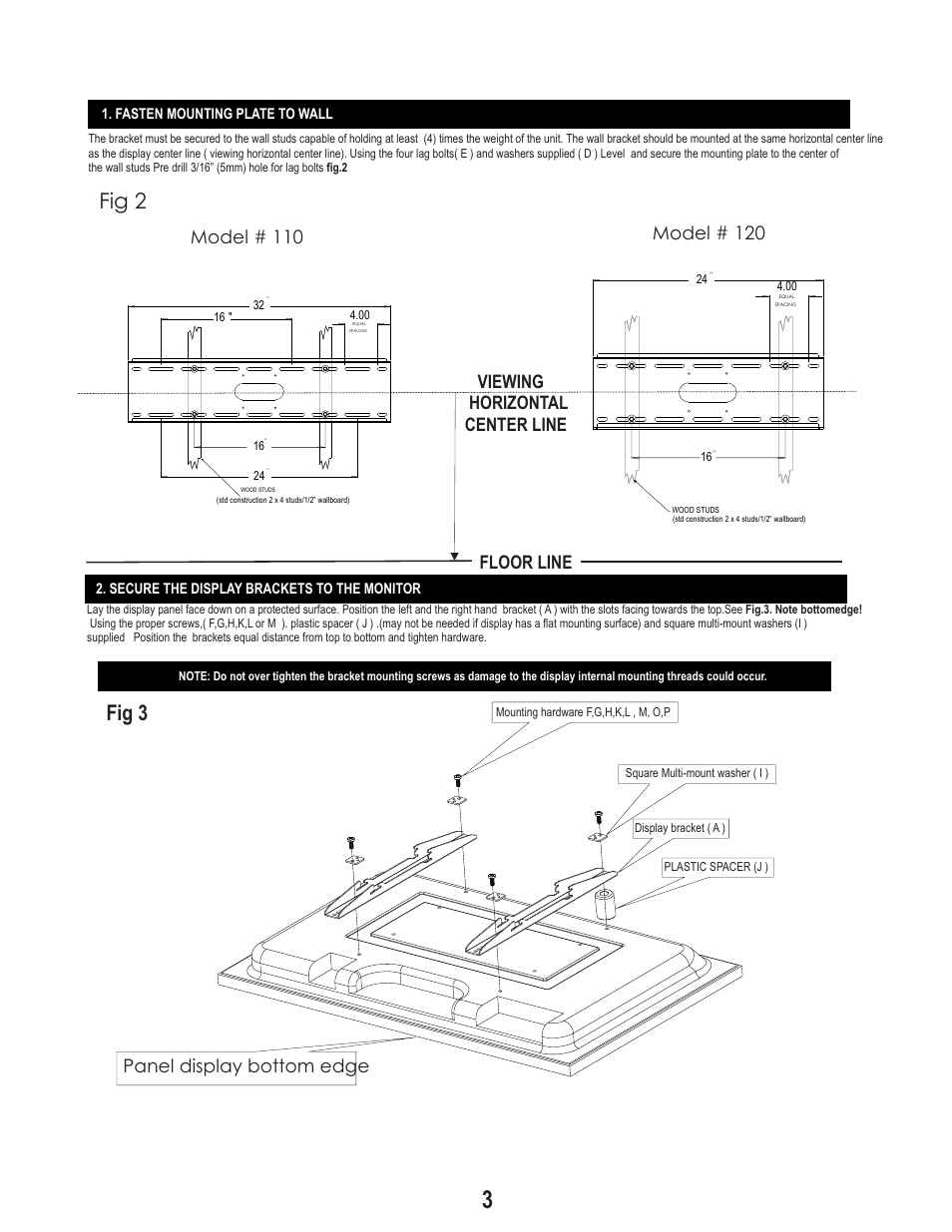 Fig 2, Fig 3, Panel display bottom edge | PDR Mounts pdm110f User Manual | Page 3 / 4