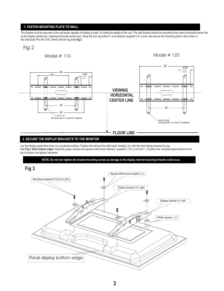 Fig 2, Fig 3, Panel display bottom edge | PDR Mounts pdm110t User Manual | Page 3 / 4