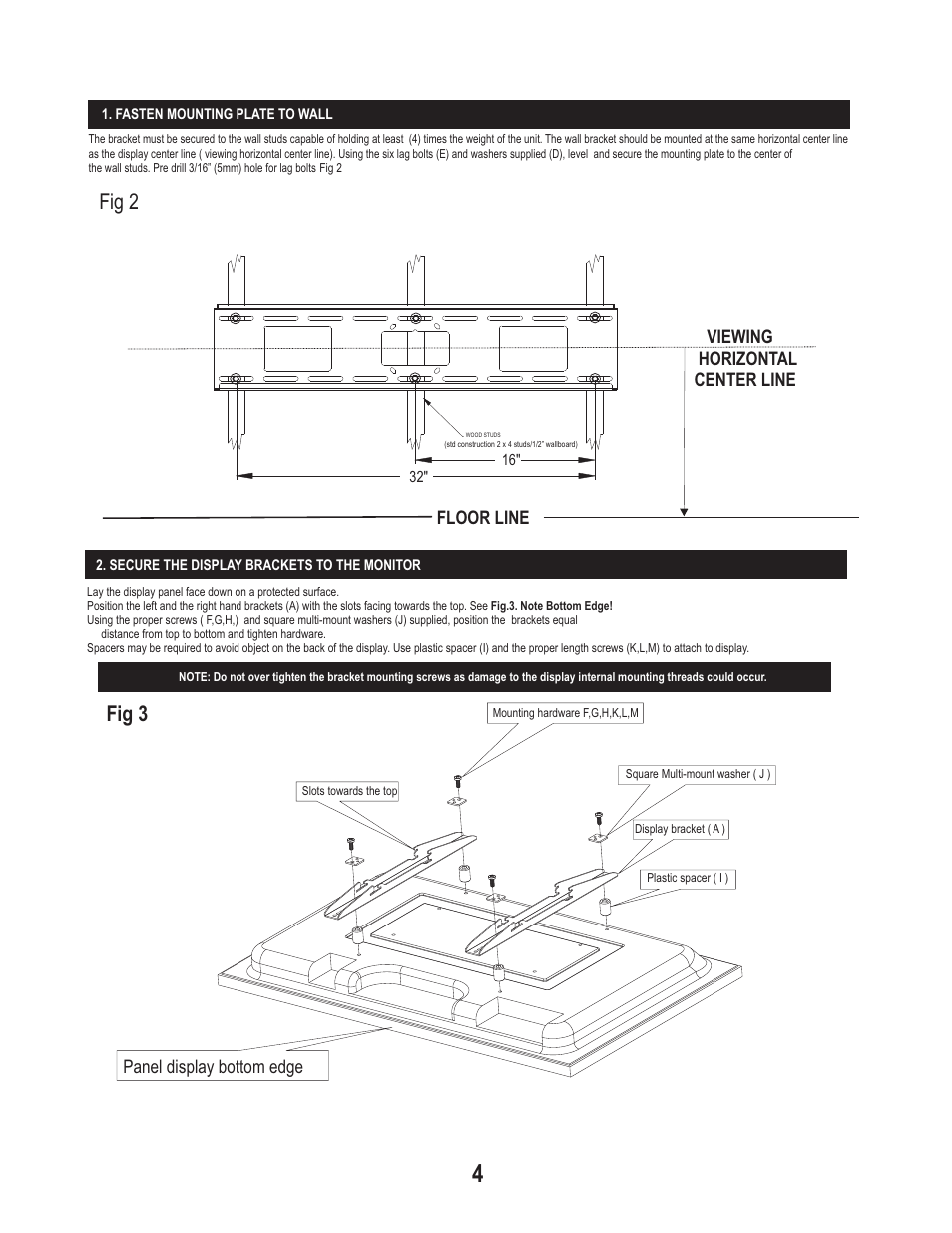 Fig 2, Fig 3, Floor line viewing horizontal center line | Panel display bottom edge | PDR Mounts pdm625f-8 User Manual | Page 4 / 5