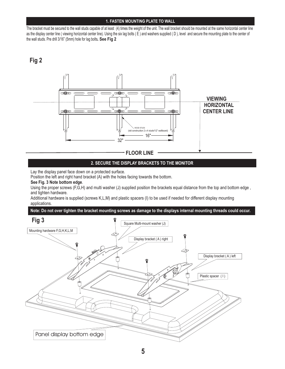 Fig 2, Fig 3, Floor line viewing horizontal center line | Panel display bottom edge | PDR Mounts pdm625t-8 User Manual | Page 5 / 6