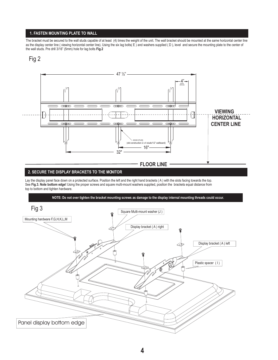 Fig 2, Fig 3, Floor line viewing horizontal center line | Panel display bottom edge | PDR Mounts pdm625t-11 User Manual | Page 4 / 5