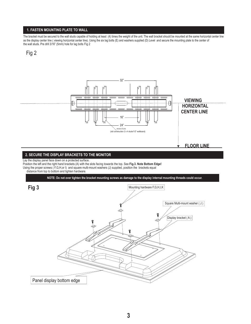 Fig 2, Fig 3, Floor line viewing horizontal center line | Panel display bottom edge | PDR Mounts pdm750f User Manual | Page 3 / 4