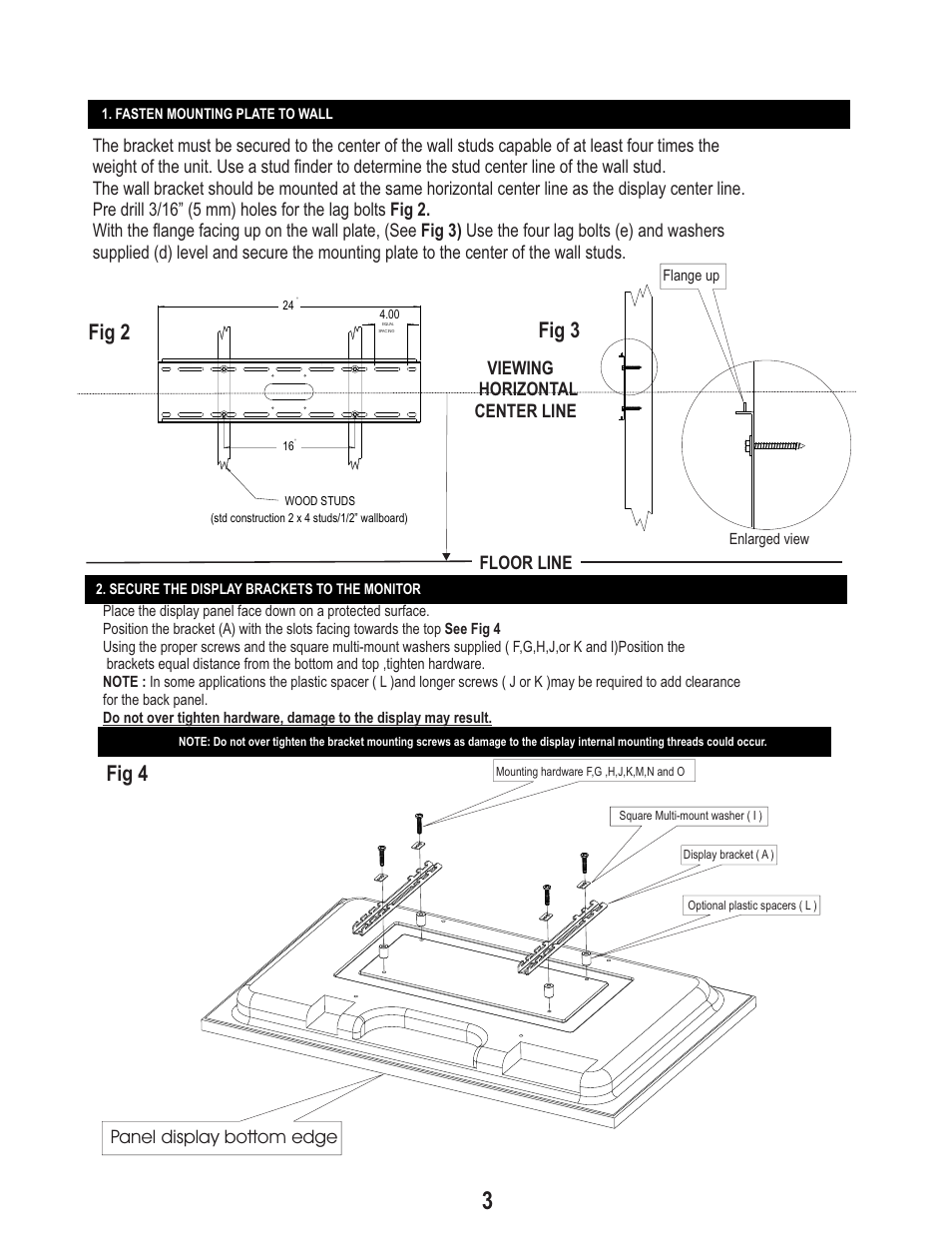 Fig 2 fig 3, Fig 4, Floor line viewing horizontal center line | Panel display bottom edge | PDR Mounts pdm120thn User Manual | Page 3 / 4