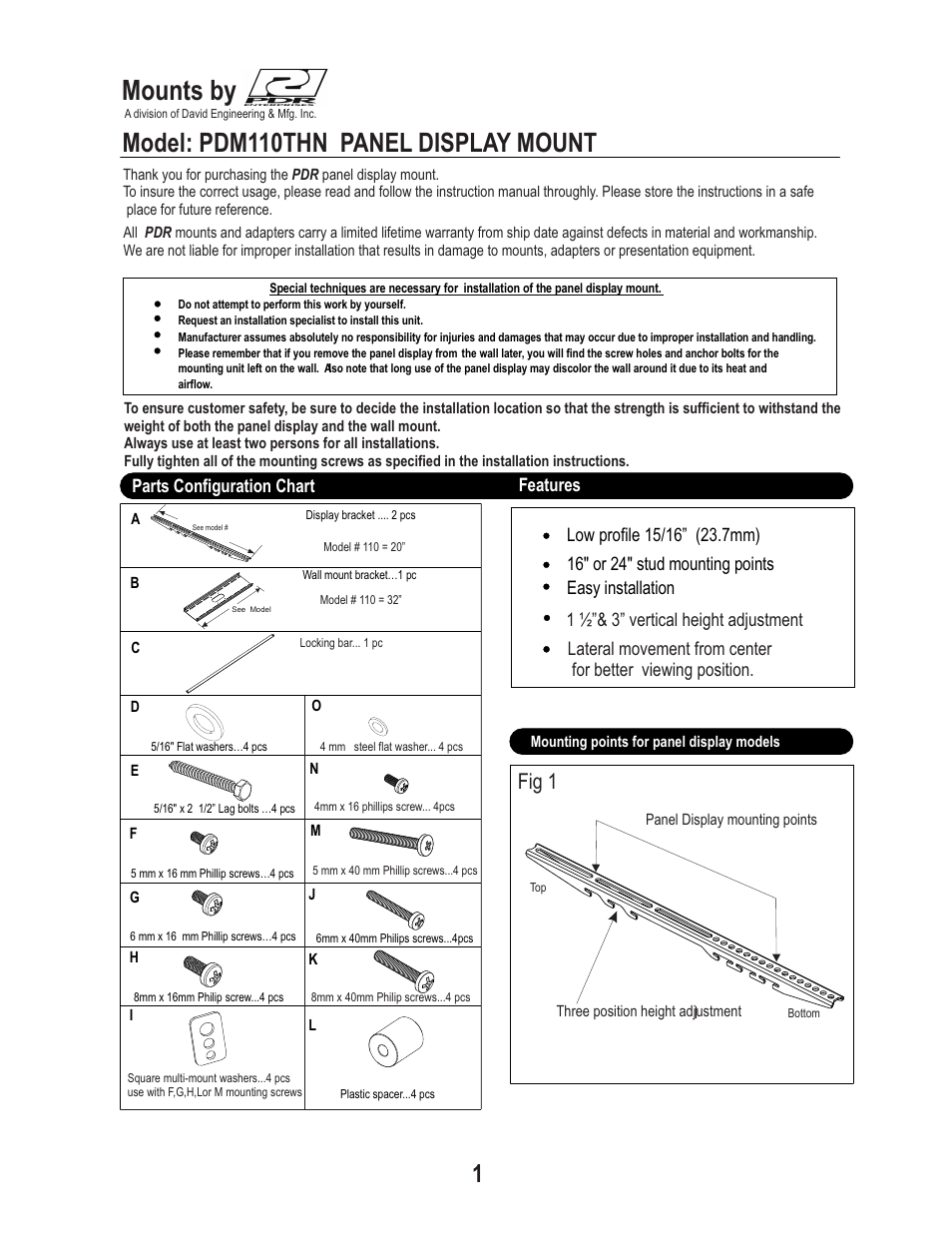 PDR Mounts pdm110thn User Manual | 4 pages