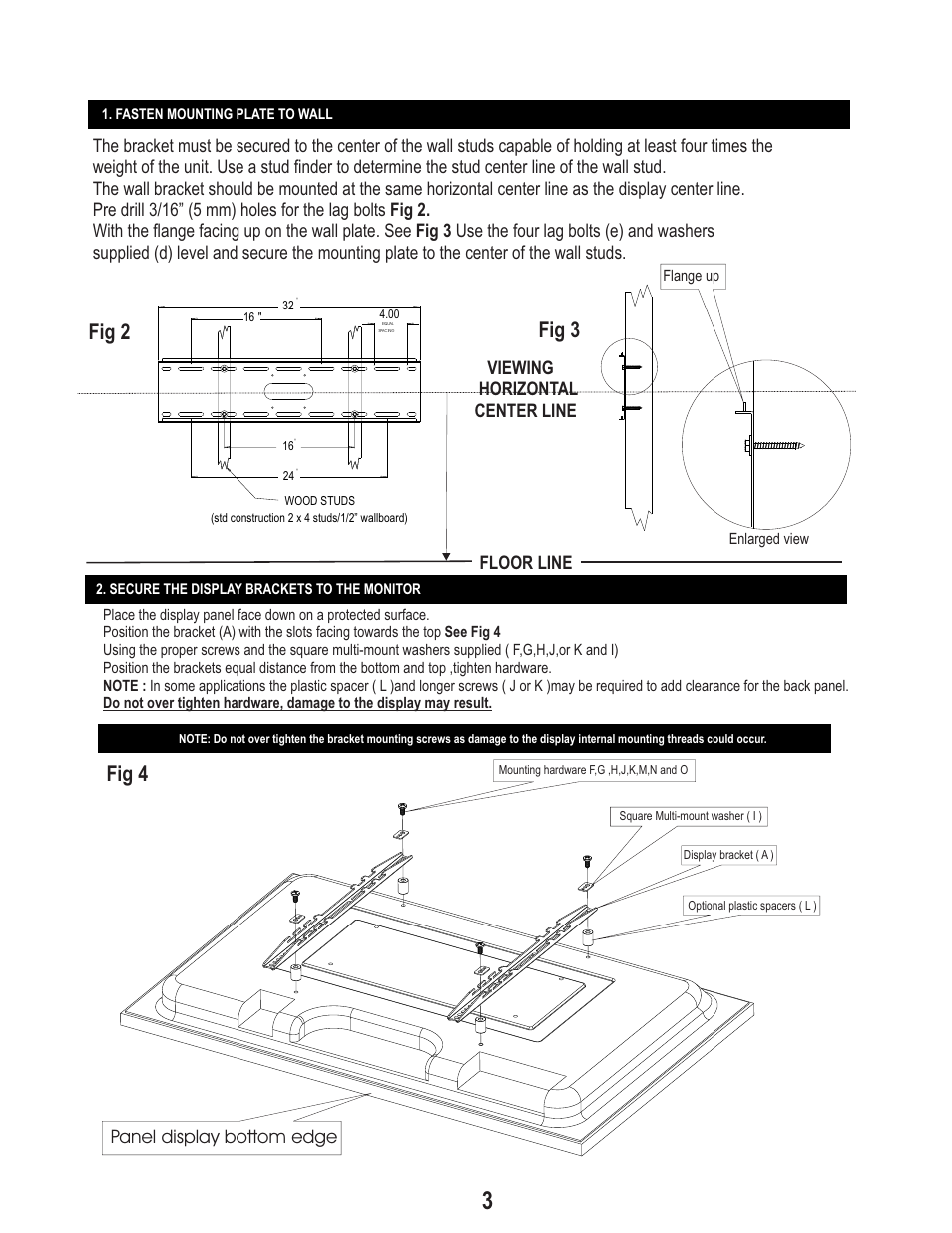 Fig 2 fig 3, Fig 4, Floor line viewing horizontal center line | Panel display bottom edge | PDR Mounts pdm110thn User Manual | Page 3 / 4