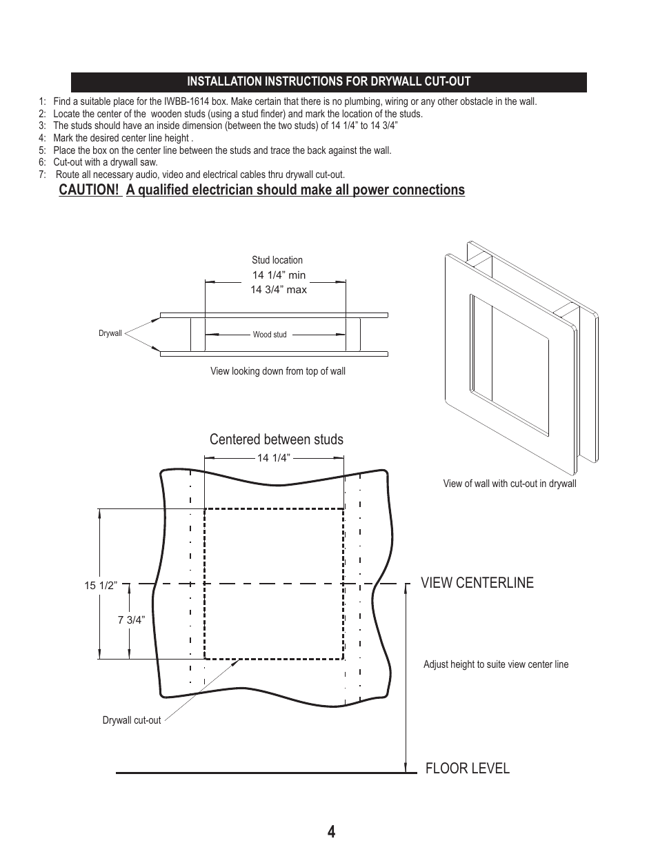 View centerline floor level, Centered between studs | PDR Mounts iwbb1614 User Manual | Page 4 / 6