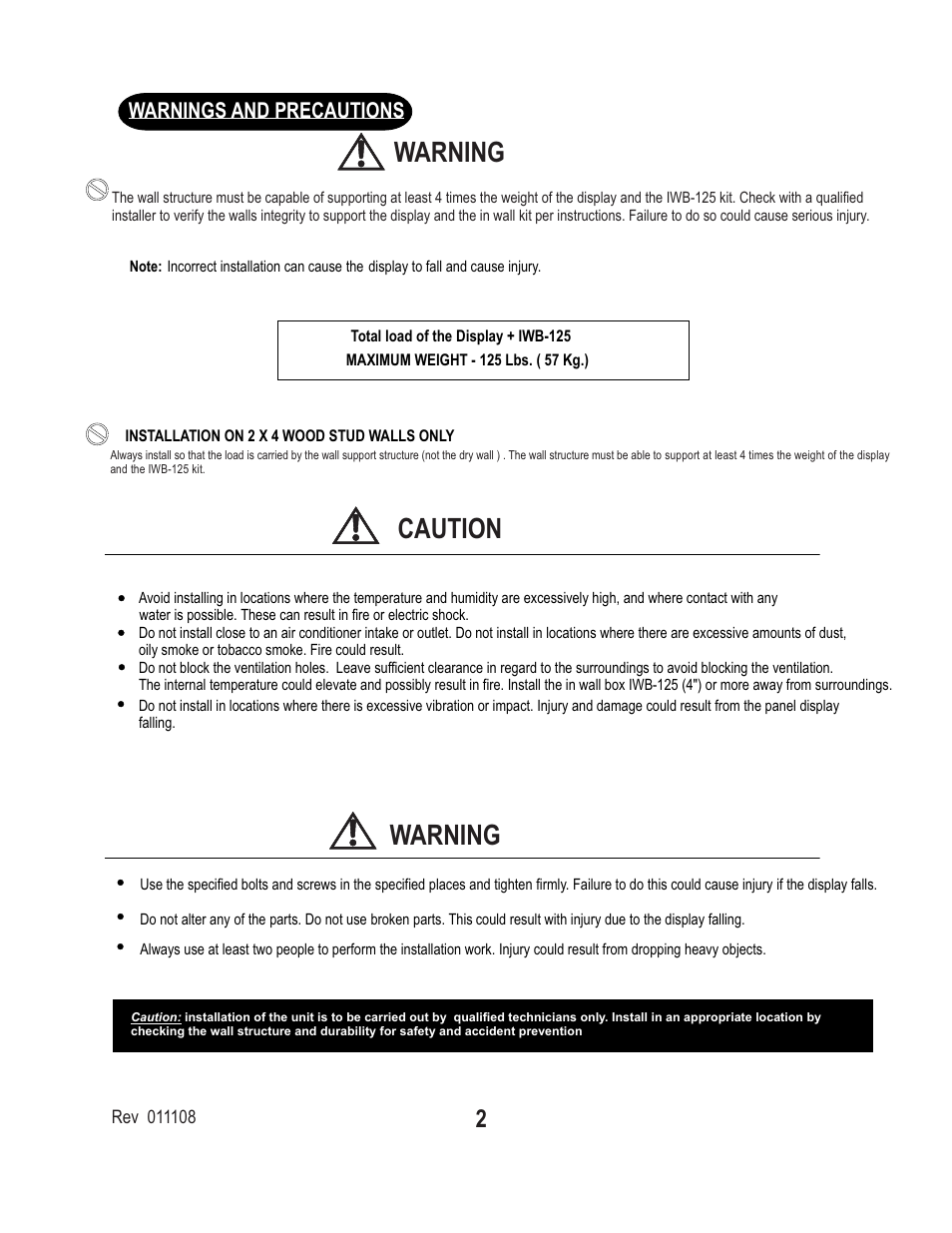 Caution warning warning, Warnings and precautions | PDR Mounts IWB125 User Manual | Page 2 / 7