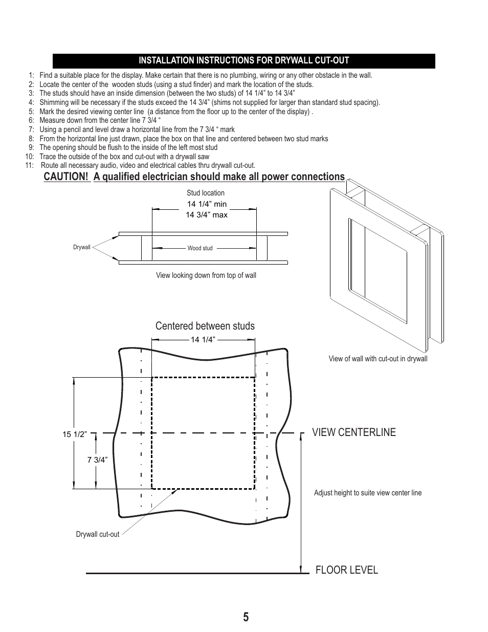 View centerline floor level, Centered between studs | PDR Mounts IWB125 User Manual | Page 5 / 7