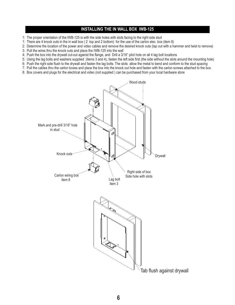 Tab flush against drywall | PDR Mounts IWB125 User Manual | Page 6 / 7