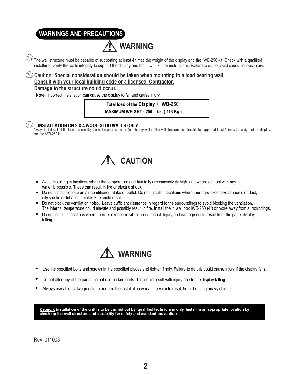 Caution warning warning, Warnings and precautions | PDR Mounts iwbB250 User Manual | Page 2 / 8