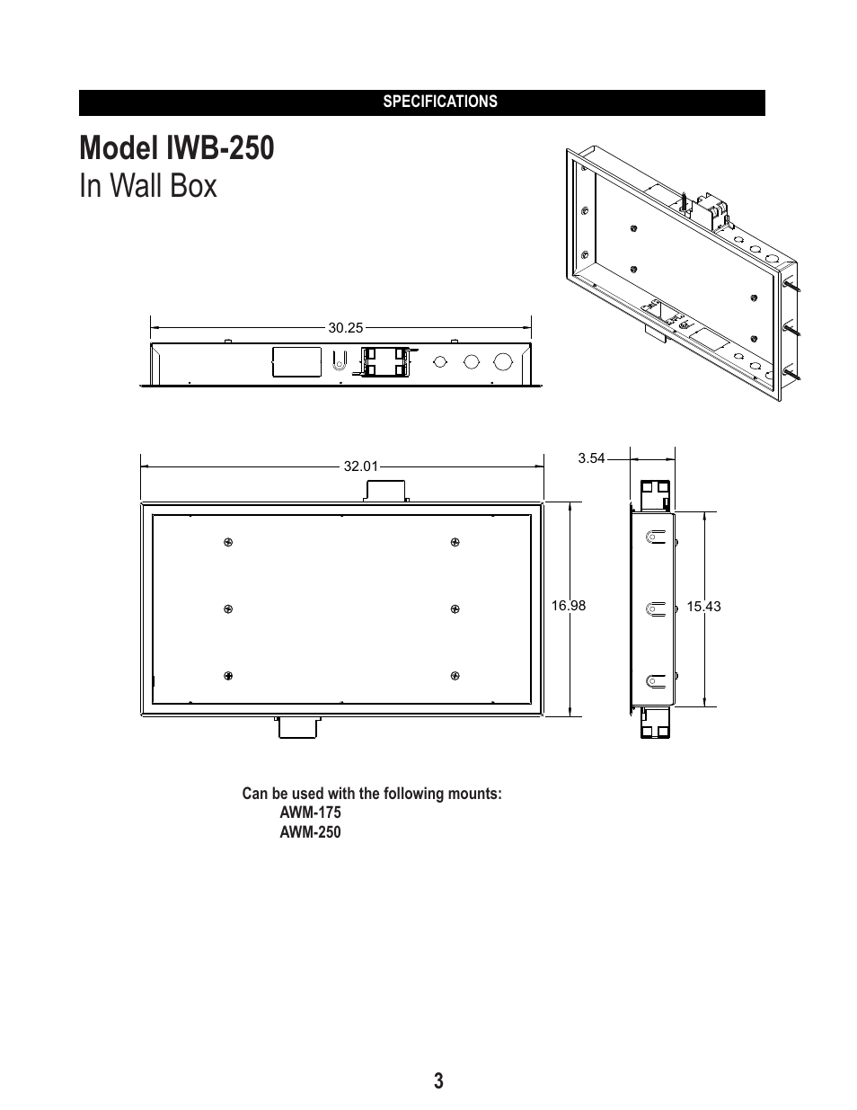 Model iwb-250 in wall box | PDR Mounts iwbB250 User Manual | Page 3 / 8