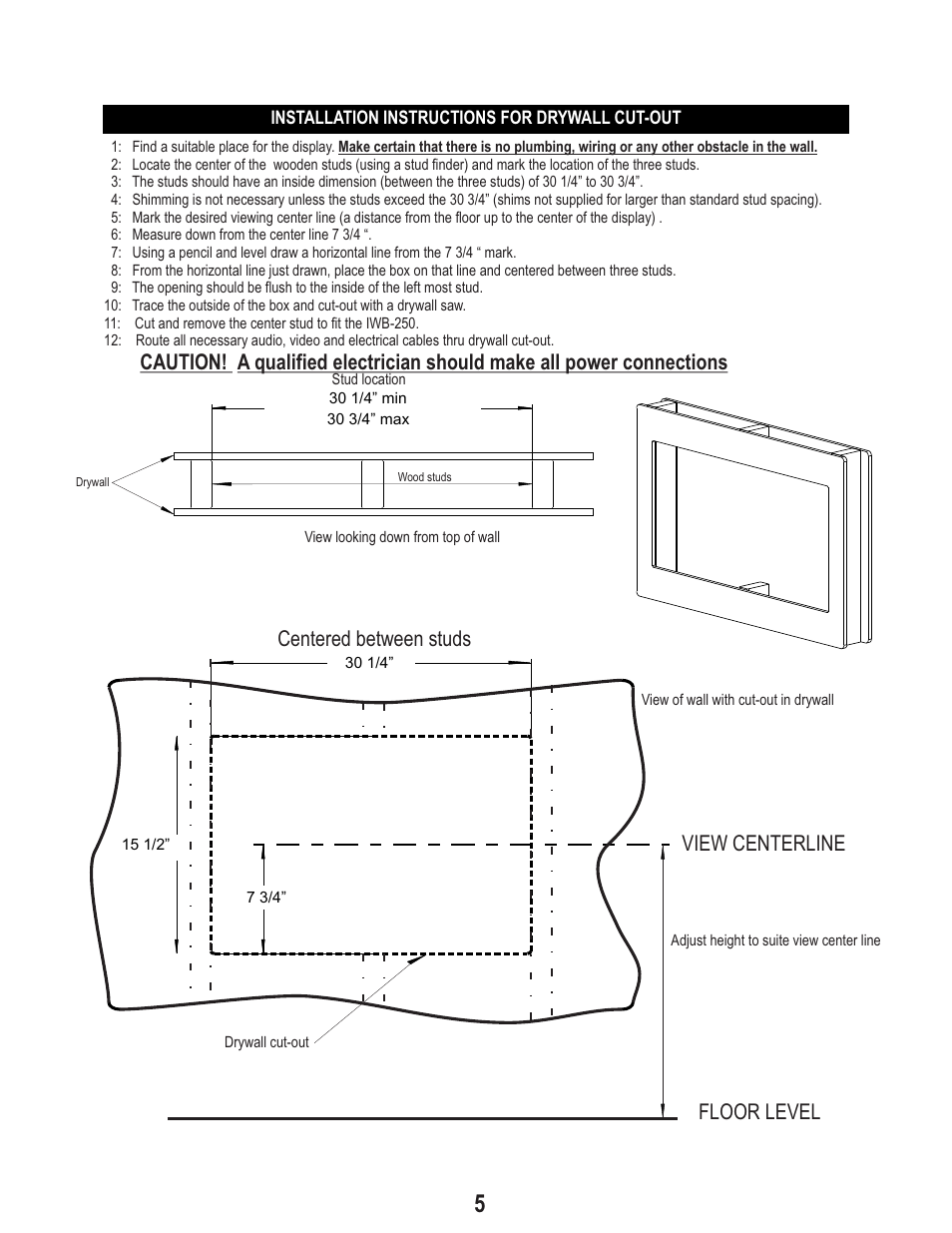 View centerline floor level, Centered between studs | PDR Mounts iwbB250 User Manual | Page 5 / 8
