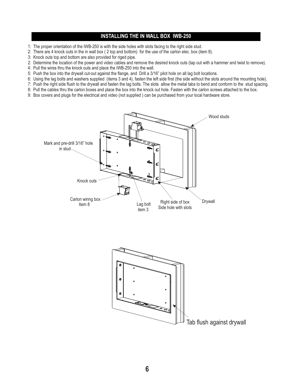 Tab flush against drywall | PDR Mounts iwbB250 User Manual | Page 6 / 8