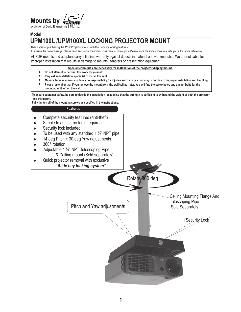 PDR Mounts upm100L User Manual | 4 pages