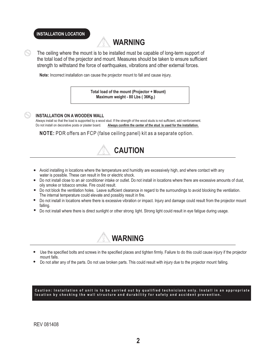 Caution warning warning | PDR Mounts upm100L User Manual | Page 2 / 4