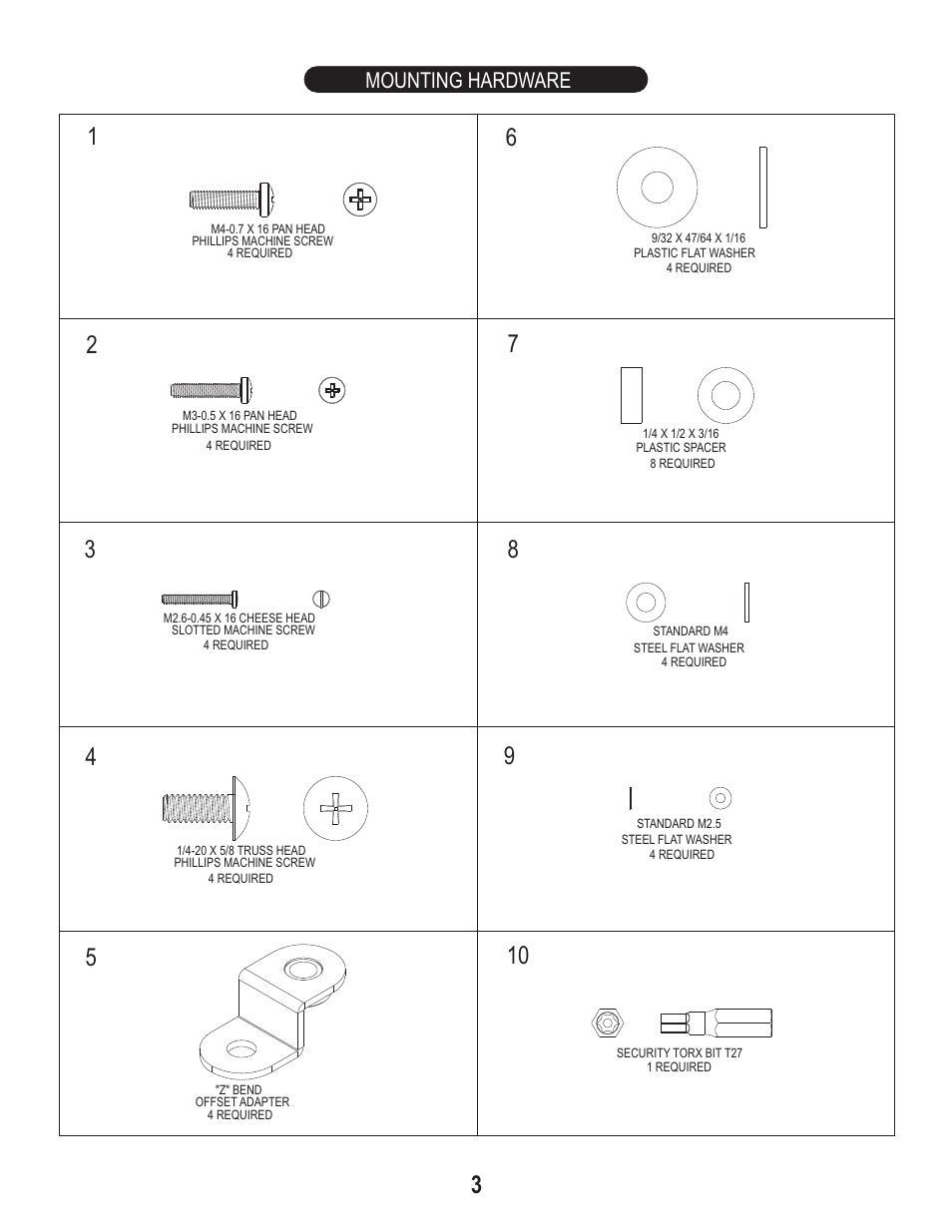 Mounting hardware | PDR Mounts upm100L User Manual | Page 3 / 4