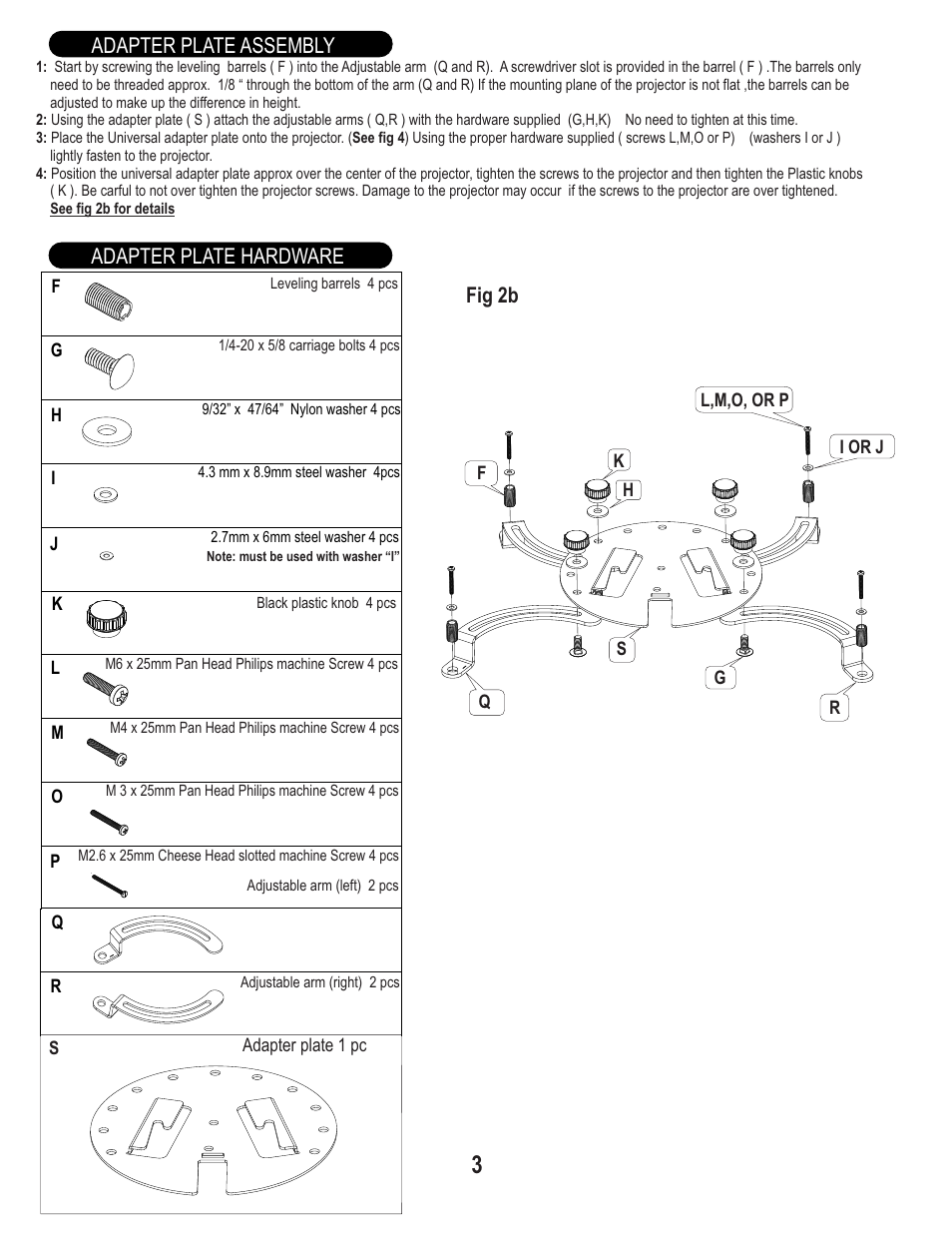 Adapter plate hardware adapter plate assembly, Fig 2b | PDR Mounts upm50 User Manual | Page 3 / 5