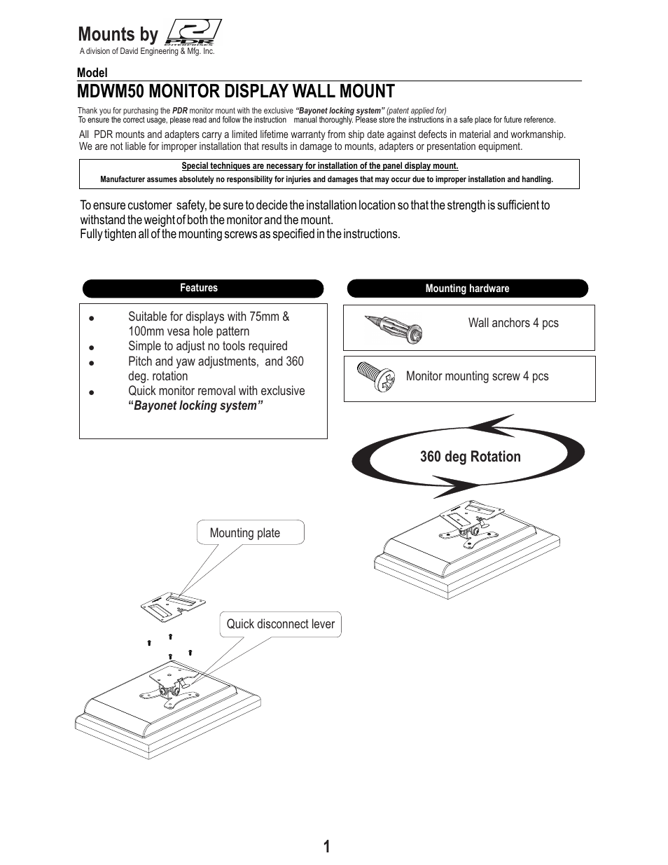 PDR Mounts MDWM50 User Manual | 4 pages