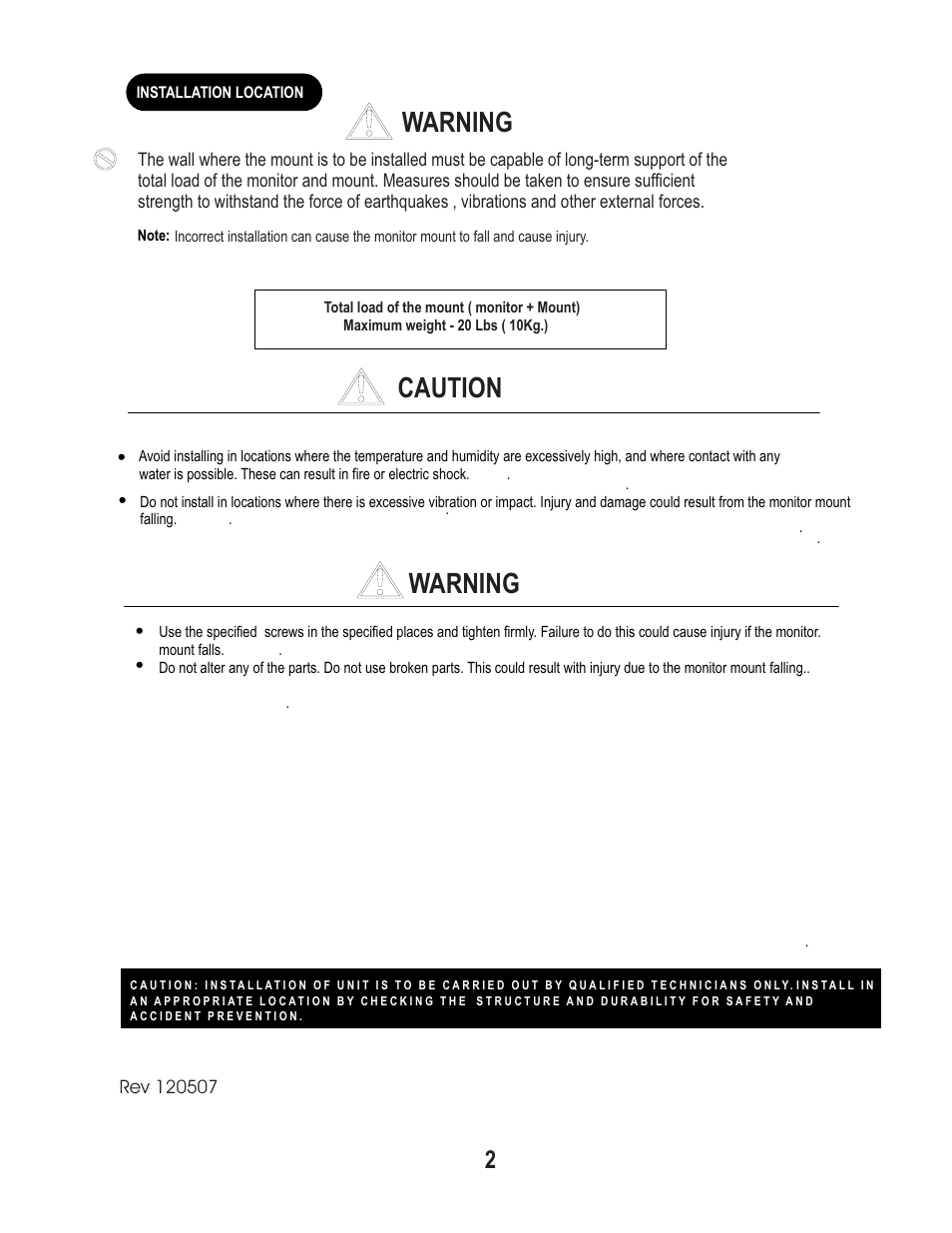 Caution warning warning | PDR Mounts MDWM50 User Manual | Page 2 / 4
