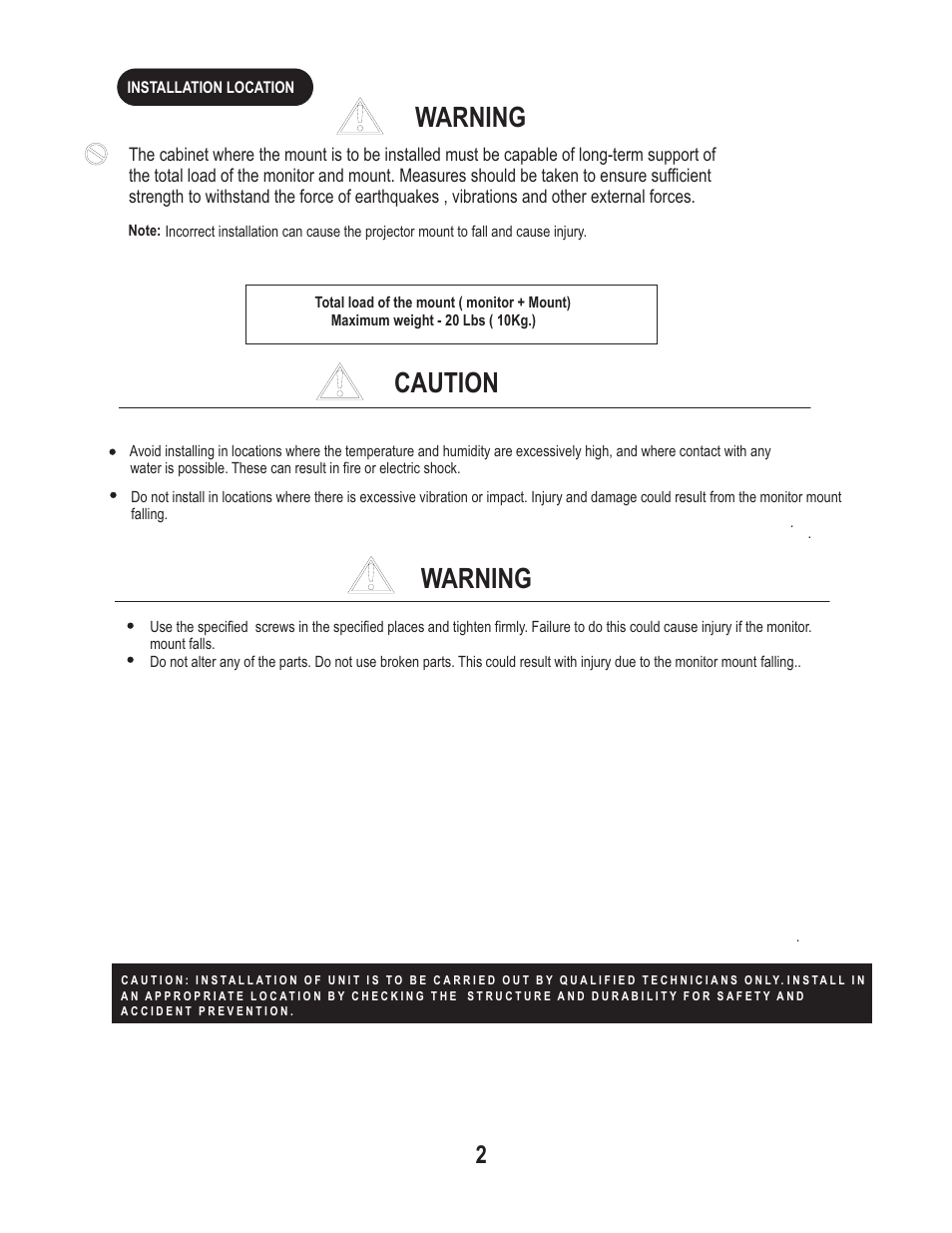 Caution warning warning | PDR Mounts UCMM50 User Manual | Page 2 / 4