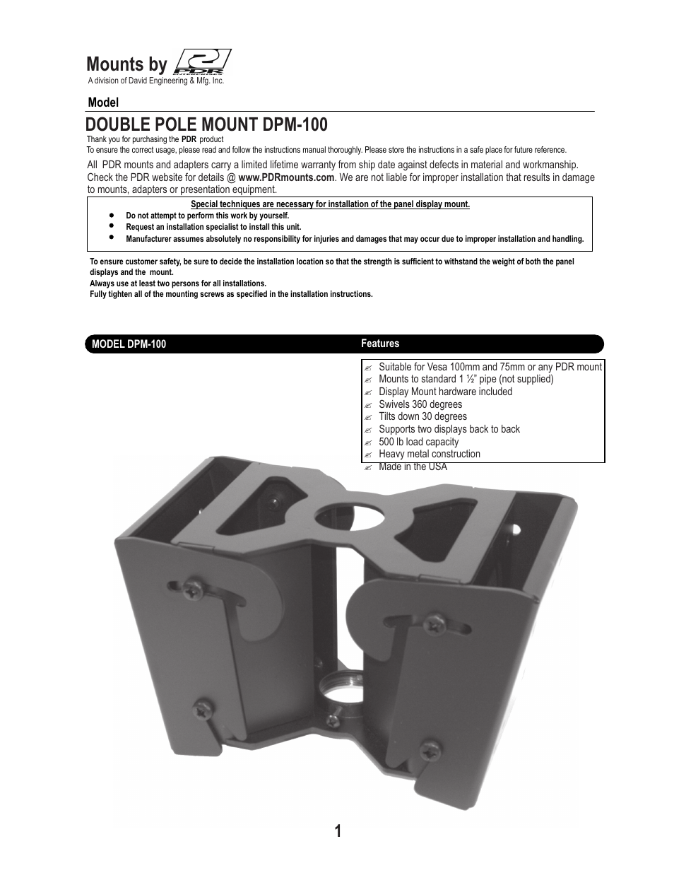 PDR Mounts dpm100 User Manual | 8 pages