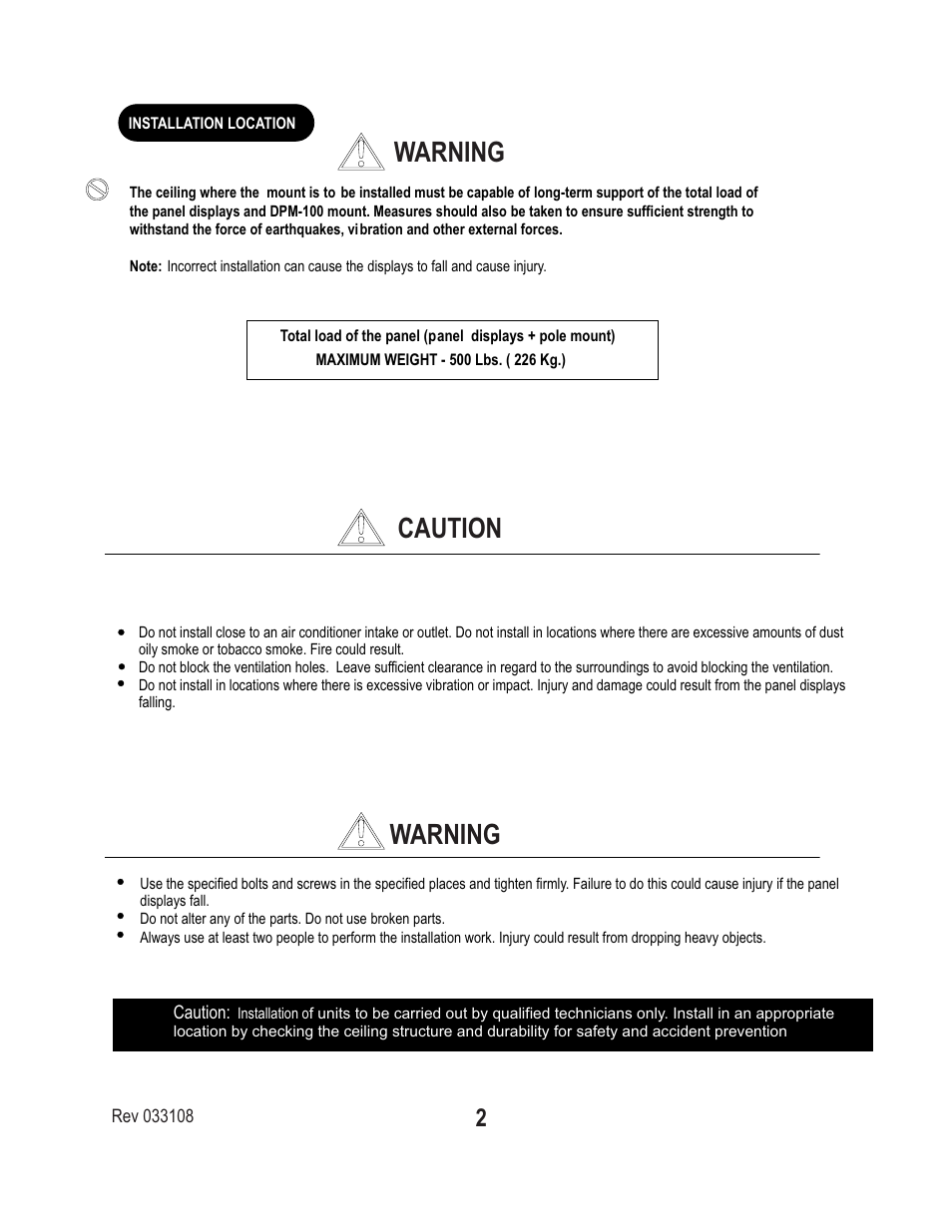 Caution warning warning | PDR Mounts dpm100 User Manual | Page 2 / 8