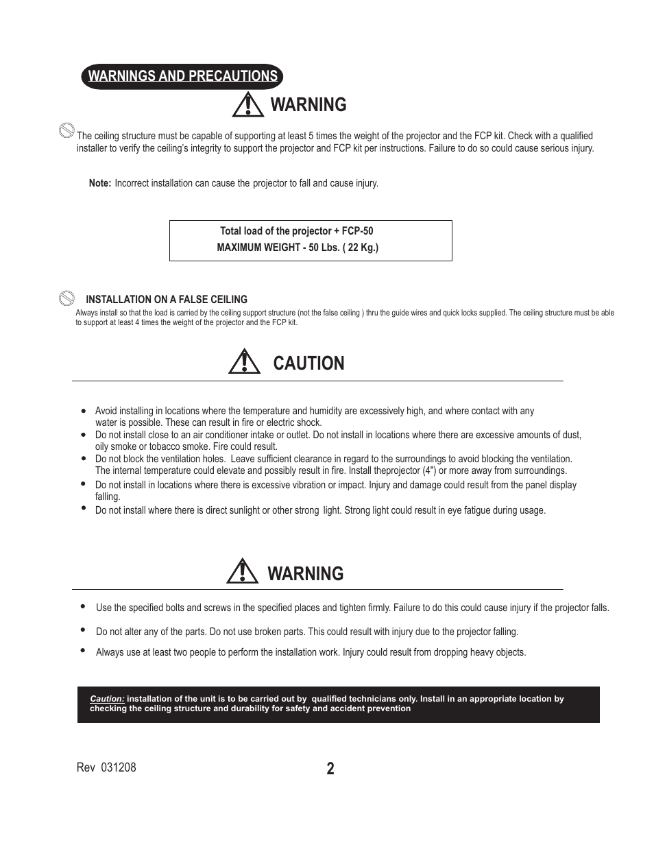 Caution warning warning, Warnings and precautions | PDR Mounts fcp50 User Manual | Page 2 / 7