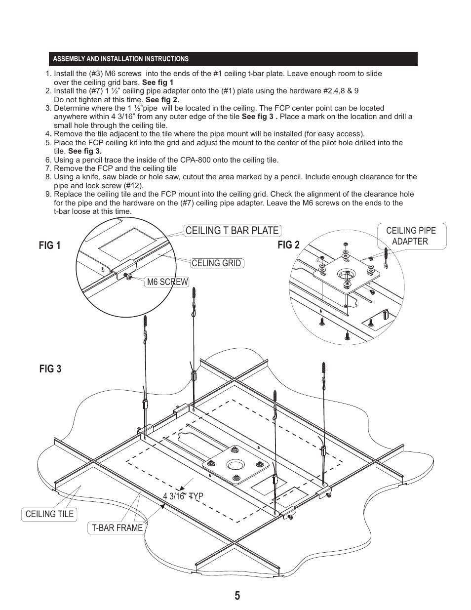 Fig 1 fig 3, Ceiling t bar plate, Fig 2 | PDR Mounts fcp50 User Manual | Page 5 / 7